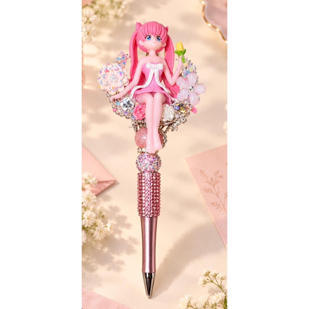 Pink Haired Doll Flower Pen, Rose Pink Rhinestone Beaded Pen